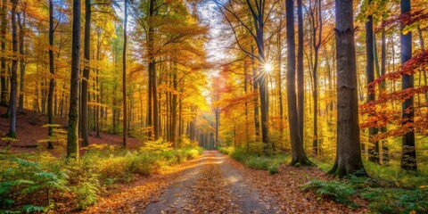 A serene forest panorama in autumn with a hiking trail illuminated by the sun filtering through the trees