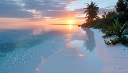 Wall Mural - Tranquil beach sunrise with serene sea, clear waters, soft white sand, and lush greenery