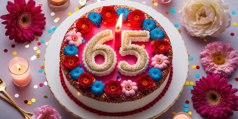 Sticker - Delicious festive sweet cake with candle number 65, elegant flowers