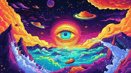 A colorful painting of a blue eye in the middle of a sky with mountains