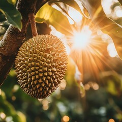 Wall Mural - A single durian fruit hangs from a tree branch with the sun shining behind it.