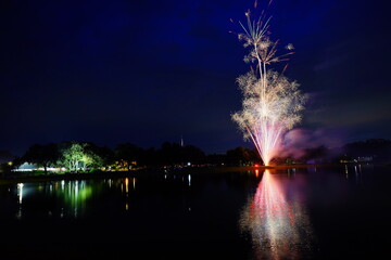 Zephyrhills night landscape and water side firework show	