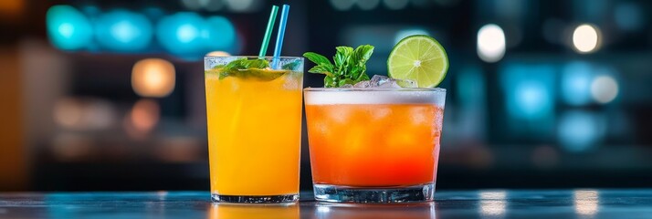 Two vibrant cocktails, a citrusy orange and a refreshing red, with lime and mint garnishes, perfect for a summer night out.