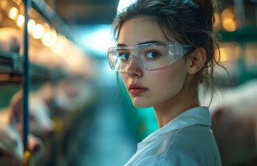 Female scientist wearing protective glasses and a white coat, caring for pigs on a farm