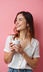 Portrait of a woman with coffee cup in hand on Pastel Color Background