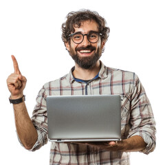 a web developer holding a laptop, smiling while pointing at the screen. isolated on transparency bac