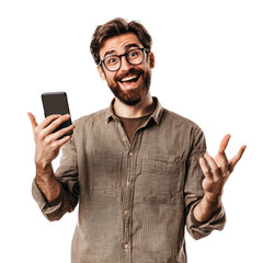 A web developer holding a smartphone and gesturing as if testing an app with enthusiasm. isolated on transparency background