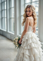 A young elegant blonde woman in a bridal gown