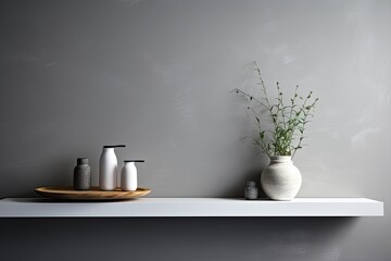 Wall Mural - Clean and modern setting featuring an empty white shelf on a monochromatic grey wall, ideal for product mock up display,