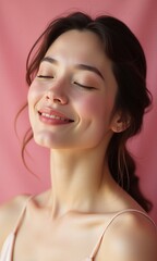 Wall Mural - smiling woman, eyes closed, serene expression, soft pink background