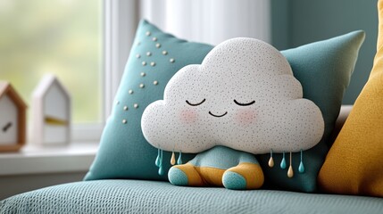 Resting on a soft pillow, a cloud-shaped plush toy with a cheerful face and tiny raindrops offers a comforting, peaceful presence for a little one.