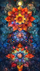 Wall Mural - A colorful stained glass flower with a yellow center and red petals