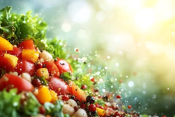 Fresh salad ingredients being sprinkled with seasoning in the sun