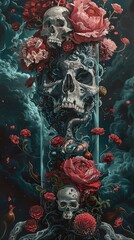 Wall Mural - Surreal Skull and Roses: A Dark and Beautiful Fantasy