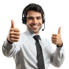 Wall Mural - An operations manager giving a thumbs-up with a satisfied smile, wearing a headset. isolated on transparency background