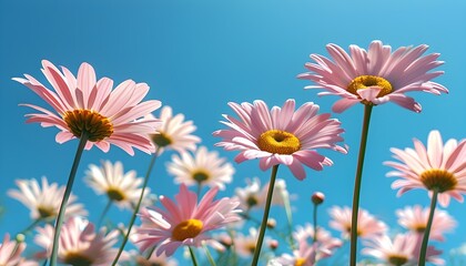 Vibrant daisy blossoms under a stunning blue sky illuminated by natural sunlight