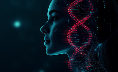 Wall Mural - A woman's profile combined with a glowing red DNA strand, representing genetics and biotechnology.