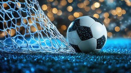 Soccer ball flew into the goal. Soccer ball bends the net, against the background of flashes of light. Soccer ball in goal net on blue background. A moment of