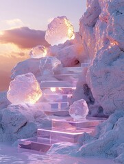 Wall Mural - Magical staircase leading through a fantasy ice kingdom landscape at sunset