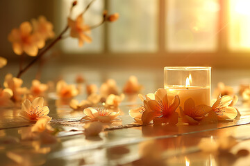 Wall Mural - Soft light filters through the window as a candle burns gently, casting a warm glow over scattered blossoms on a wooden surface, creating a peaceful atmosphere