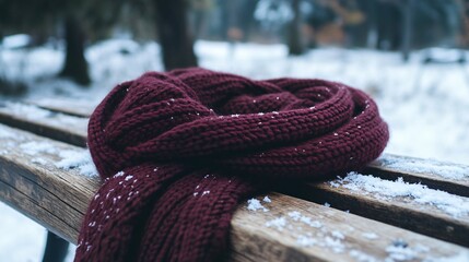 Wall Mural - A thick, woolen scarf in deep burgundy, laid over a rustic wooden bench, with a snowy landscape visible in the background