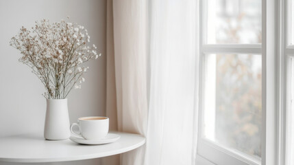 Floating Coffee Cup: A simple white coffee cup and saucer hover mid-air against a clean white background. The image evokes a sense of weightlessness and serenity.