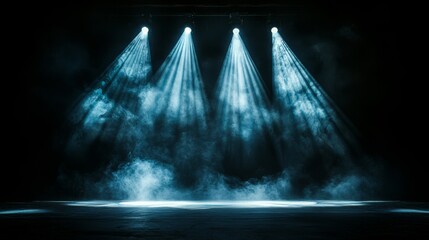 Bright spotlights illuminating a misty stage, soft fog creating a surreal atmosphere, dark background, high contrast between light and shadow, quiet performance mood