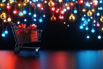 Aufkleber - A festive shopping cart filled with a beautifully wrapped gift, surrounded by colorful lights creating a magical holiday atmosphere.