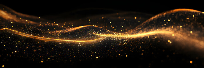 Wall Mural - luxury abstract shiny golden wave on black background. wavy gold background. gold particles