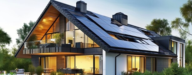 renewable energy concept, power generated by rooftop solar panels on old house roof.