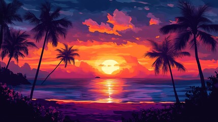 Wall Mural - A stunning sunset over a tropical beach, with palm trees silhouetted against the colorful sky.