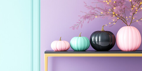 Wall Mural - Color pink, cyan, and black pumpkin shiny furniture in unique lavender interior house