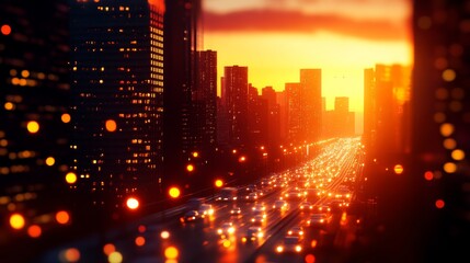 A captivating cityscape bathed in the warm glow of a setting sun, with towering skyscrapers and bustling streets below. The image evokes a sense of urban life, energy