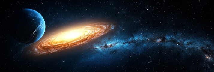 Wall Mural - a mesmerizing view of a spiral galaxy illuminating a distant planet in the vast expanse of deep spac