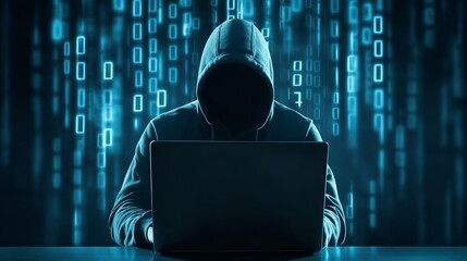 A mysterious figure in a hooded sweatshirt, their face obscured, sits in front of a laptop, against a backdrop of digital code, symbolizing the enigma of the digital world, cybersecurity, anonymity