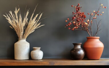 Rustic display of potted plants and dried floral arrangements on a wooden shelf against a dark wall