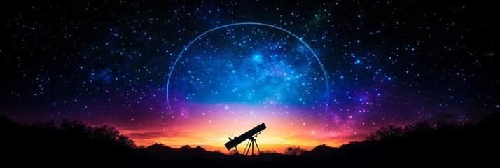 Wall Mural - a silhouette of a telescope pointed upwards towards a vibrant night sky filled with countless stars,