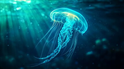 A single, bioluminescent jellyfish drifts serenely through the deep blue ocean, illuminating the water with its ethereal glow. This mesmerizing image captures the beauty and wonder of marine life