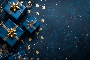 Festive dark blue banner featuring blue gift boxes and golden stars for holiday celebrations