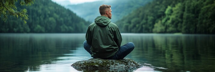 A solitary man finds peace and tranquility while sitting on a rock by a serene lake surrounded by lush greenery, symbolizing contemplation, nature, solitude, calmness, and serenity.