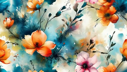 floral seamless pattern with drawing watercolor abstract flowers and plants