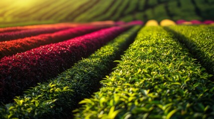 Rows of vibrant green tea plants grow in a magical garden, bathed in warm sunlight, creating a picturesque scene of nature's beauty and tranquility.