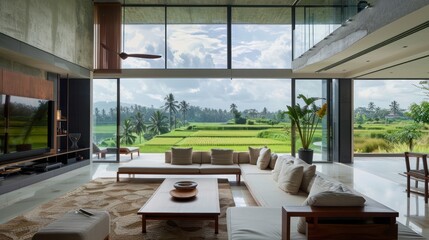 Canvas Print - Modern Villa with Stunning Rice Paddy View