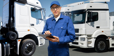 Poster - Fleet manager with digital tablet on a background of trucks	