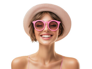 Cheerful woman wearing pink sunglasses and a sun hat smiles brightly against a white background during a sunny day