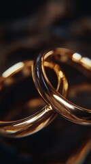 Two golden wedding rings resting on dark surface