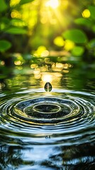 Wall Mural - Water drop making ripple effect in pond with sunlight