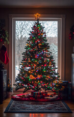 Wall Mural - Christmas tree with glowing lights and colorful ornaments in a cozy living room, surrounded by presents. Traditional festive holiday decor capturing the spirit of Christmas. Perfect for seasonal celeb