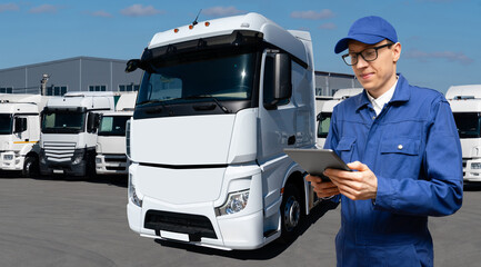 Poster - Fleet manager with digital tablet on a background of trucks	