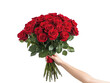© iridescentstreet - A hand presents a vibrant bouquet of red roses with lush green leaves against a white background, perfect for celebrations and special moments